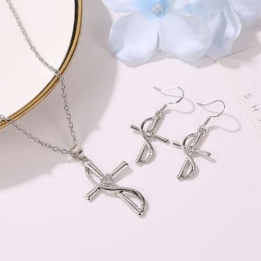 Silver Cross Necklace & Earrings Set